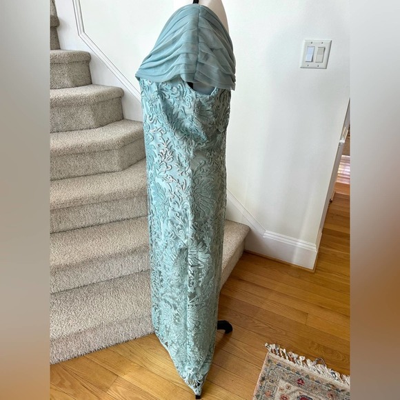 Tadashi Shoji Mint Green Sequin Embroidered Off the Shoulder Gown - Picture 3 of 10